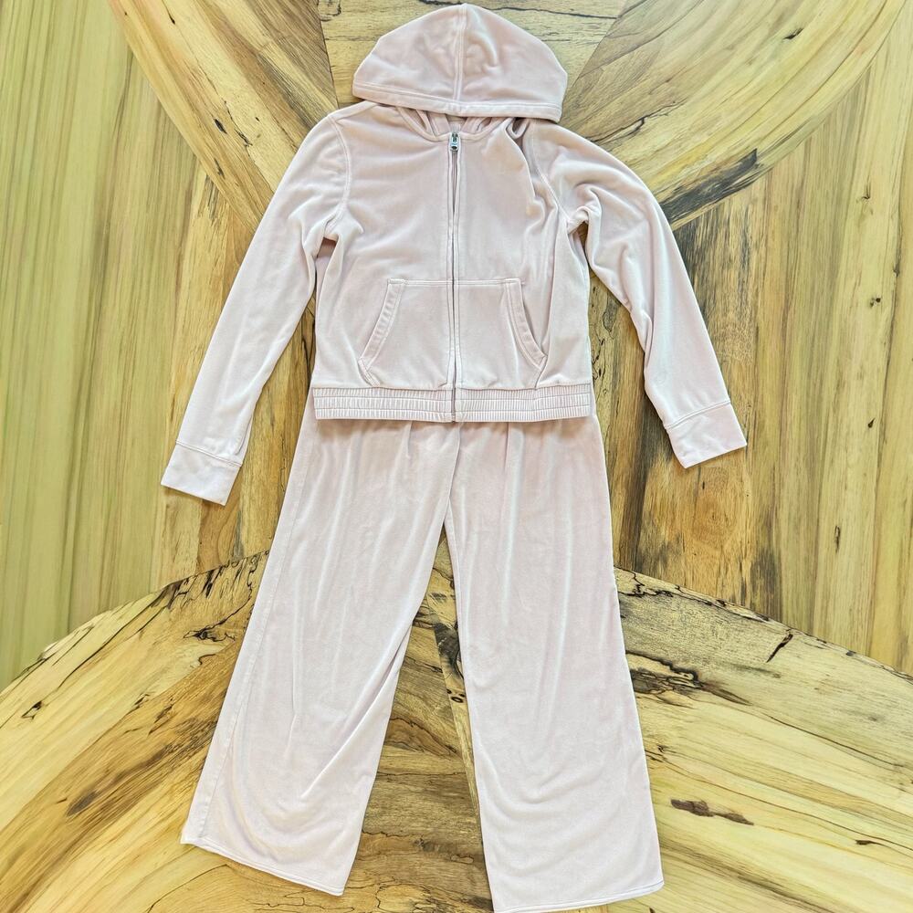 Abercrombie Kids Soft Pink Velour Tracksuit Set Hoodie Wide Leg Pants  SZ 11/12